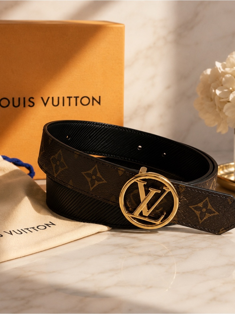 Louis Vuitton Monogram Brown Belt with Gold LV Circle Buckle
